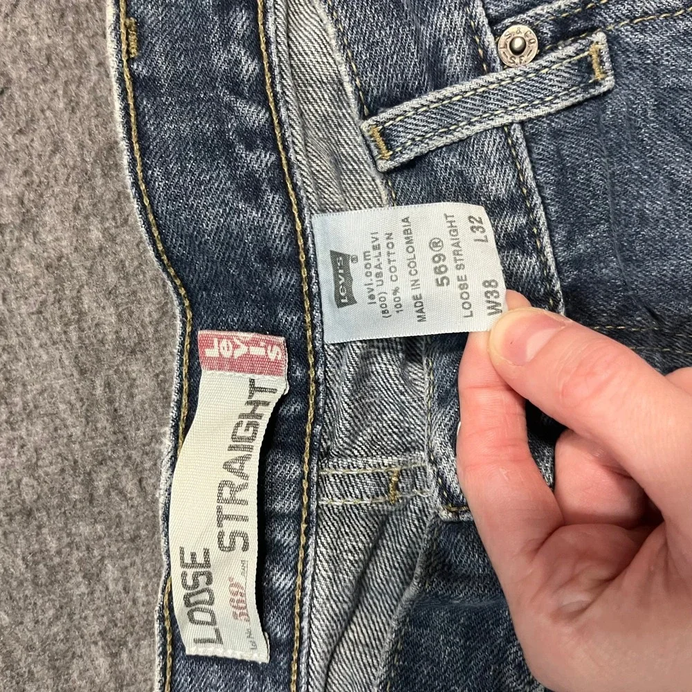 Levis 569 Loose Straight Jeans Mens 38x32 Medium Wash Distressed Blue Denim